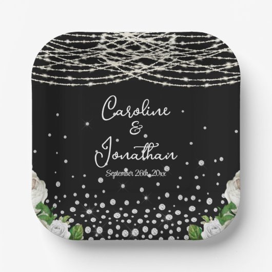 Assiettes En Carton Noir Russe Blanc Roses Chaîne Lumière Mariage (Recto)