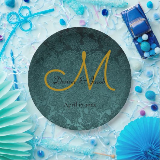 Assiettes En Carton Noir Turquoise foncé Noir élégant mariage Monogram (Fête)