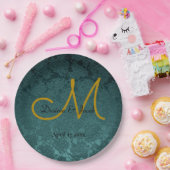 Assiettes En Carton Noir Turquoise foncé Noir élégant mariage Monogram (Fête)