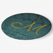Assiettes En Carton Noir Turquoise foncé Noir élégant mariage Monogram (Angle)