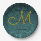 Assiettes En Carton Noir Turquoise foncé Noir élégant mariage Monogram (Devant)