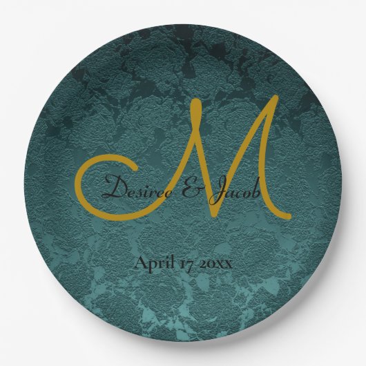 Assiettes En Carton Noir Turquoise foncé Noir élégant mariage Monogram (Devant)