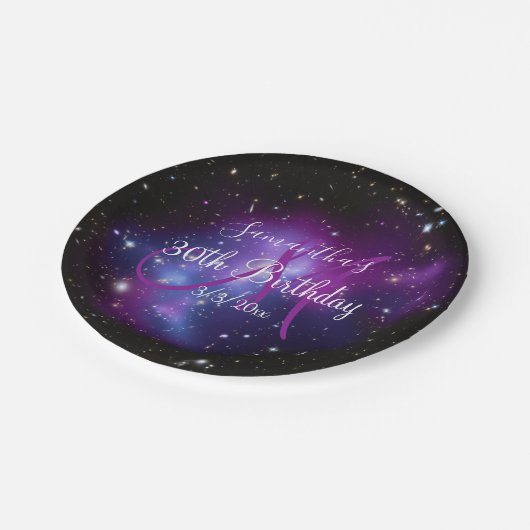 Assiettes En Carton Noir violet et blanc Galaxie Céleste Anniversaire (Angle)
