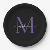 Assiettes En Carton Noir violet violet Monogramme moderne élégant Scri (Devant)