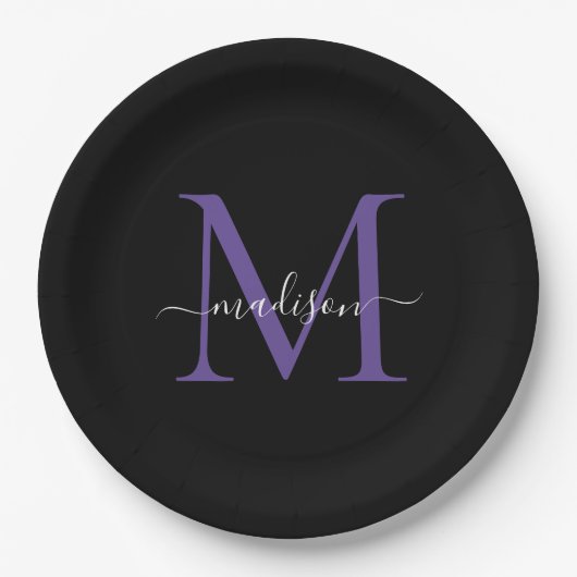 Assiettes En Carton Noir violet violet Monogramme moderne élégant Scri (Devant)