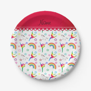 Assiettes En Carton Nom blanc gymnastique arc-en-ciel licornes