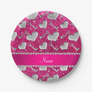 Assiettes En Carton Nom coeur argent clés neon parties scintillant ros