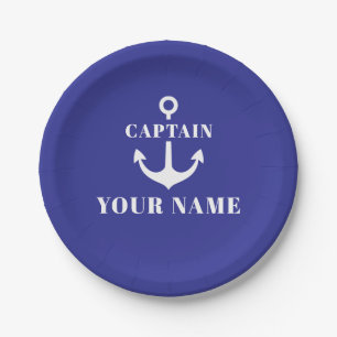 Assiettes En Carton Nom de capitaine personnalisé Ancre Bleue