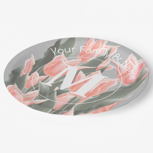 Assiettes En Carton Nom de famille élégant Monogramme Peach Tulips Pei (Angle)