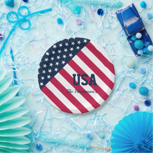 Assiettes En Carton Nom de famille moderne Drapeau américain (Fête)