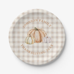 Assiettes En Carton Nom de famille personnalisé Gingham neutre reconna