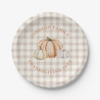 Assiettes En Carton Nom de famille personnalisé Gingham neutre reconna