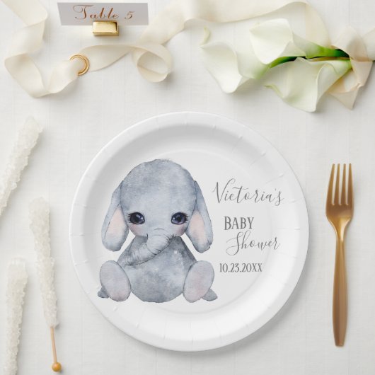 Assiettes En Carton Nom de l'éléphant personnalisé mignon Date Aquarel (Mariage)