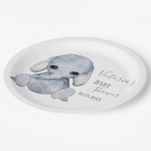 Assiettes En Carton Nom de l'éléphant personnalisé mignon Date Aquarel (Angle)