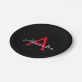 Assiettes En Carton Nom de monogramme girly script noir rouge (Angle)