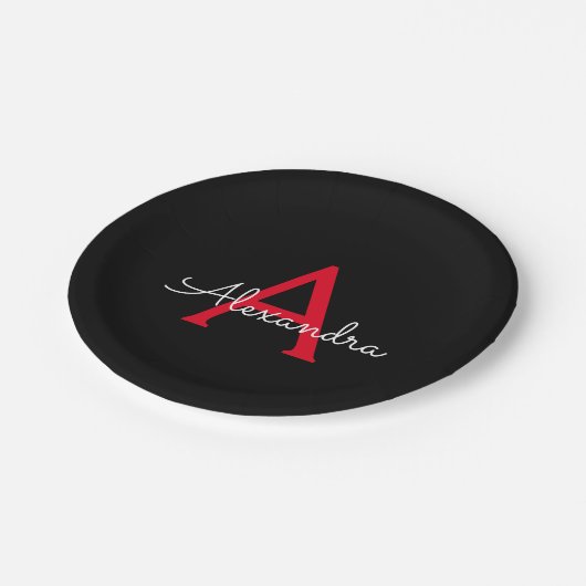 Assiettes En Carton Nom de monogramme girly script noir rouge (Angle)