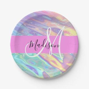 Assiettes En Carton Nom de monogramme holographique iridescent rose fé