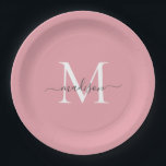 Assiettes En Carton Nom de script élégant Monogramme Rose Foncé Gris G<br><div class="desc">Assiette en papier Nom de script Féminin Monogramme Rose Foncé Gris Moderne Simple</div>