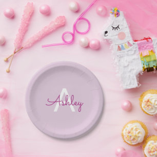 Assiettes En Carton Nom de script & monogramme Magenta & Violet clai
