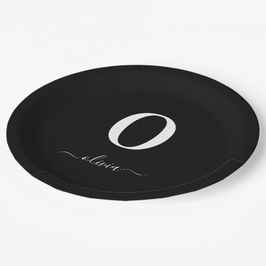 Assiettes En Carton Nom de script Monogramme Personnalisé Noir Et Blan (Angle)