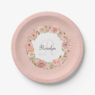 Assiettes En Carton Nom décoré d'un monogramme floral de rose