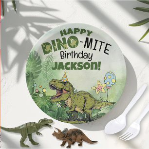 Assiettes En Carton Nom des enfants Dino-Mite Dinosaur Anniversaire