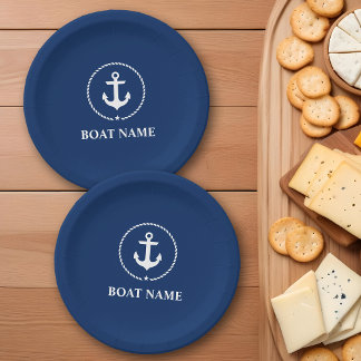 Assiettes En Carton Nom du bateau nautique Ancre corde bleu marine