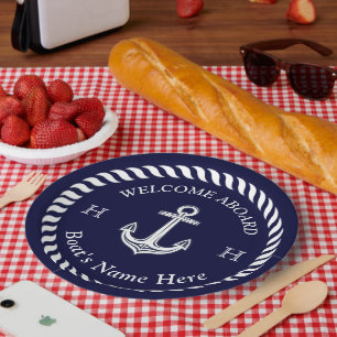 Assiettes En Carton Nom du bateau nautique Ancre Corde Marine Bleu Bla