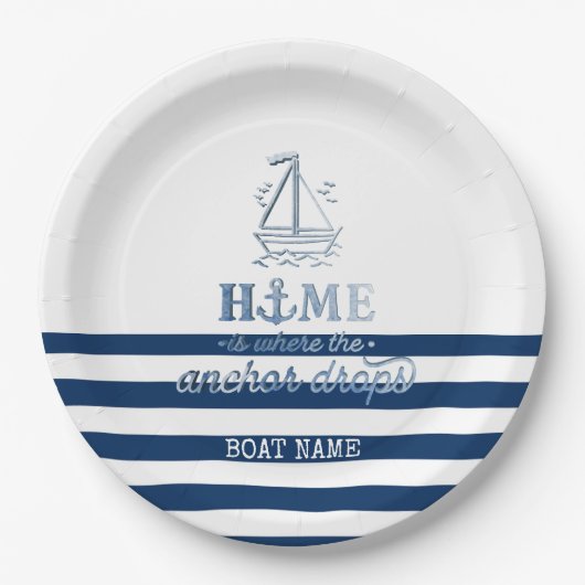 Assiettes En Carton Nom du bateau nautique, Ancre Marine Bleu rayé (Devant)