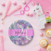 Assiettes En Carton Nom du monogramme d'iridescendance rose-fille (Fête)