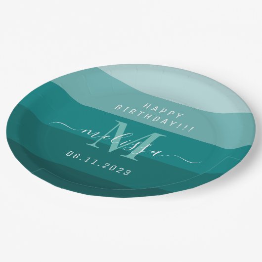 Assiettes En Carton Nom du monogramme turquoise vert bleu (Angle)