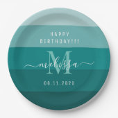 Assiettes En Carton Nom du monogramme turquoise vert bleu (Devant)