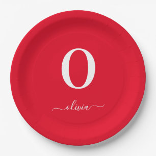 Assiettes En Carton Nom du script Monogramme Personnalisé Rouge Et Bla