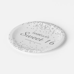 Assiettes En Carton Nom élégant blanc argent paillettes Sweet 16