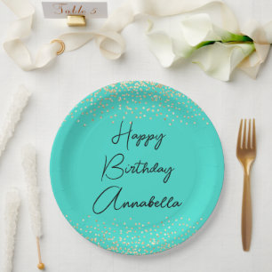 Assiettes En Carton Nom élégant de script Paillettes dorées sur turquo