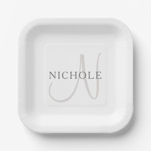 Assiettes En Carton Nom élégant Monogramme | Blanc et gris (Recto)
