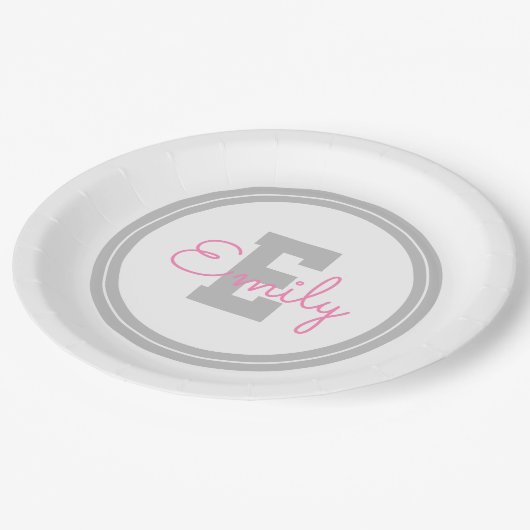 Assiettes En Carton Nom et monogramme encadrés | Gris clair et rose (Angle)