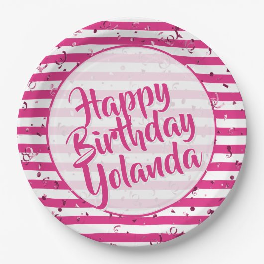 Assiettes En Carton Nom Joyeux anniversaire Fuchsia Simple Stripes Mot (Devant)