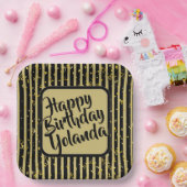 Assiettes En Carton Nom Joyeux Anniversaire Noir/Gold Stripes Motif (Fête)