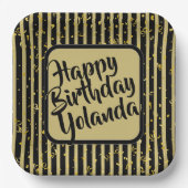 Assiettes En Carton Nom Joyeux Anniversaire Noir/Gold Stripes Motif (Recto)