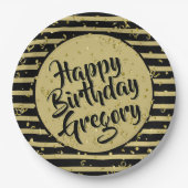 Assiettes En Carton Nom | Joyeux Anniversaire Simple Grandes Noir/Or (Devant)