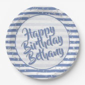 Assiettes En Carton Nom | Joyeux anniversaire Simple Stripes Motif Ble (Devant)