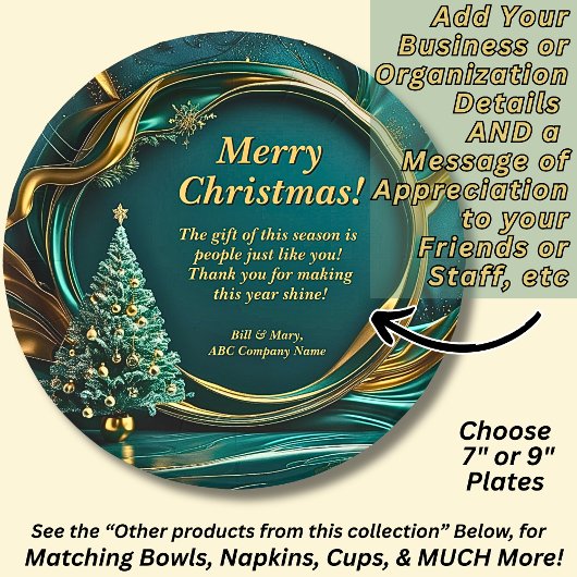 Assiettes En Carton Nom Message Société Green Gold Christmas Tree 7"
