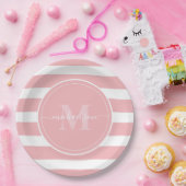 Assiettes En Carton Nom Monogramme avec Rayures Roses et Blanches (Fête)