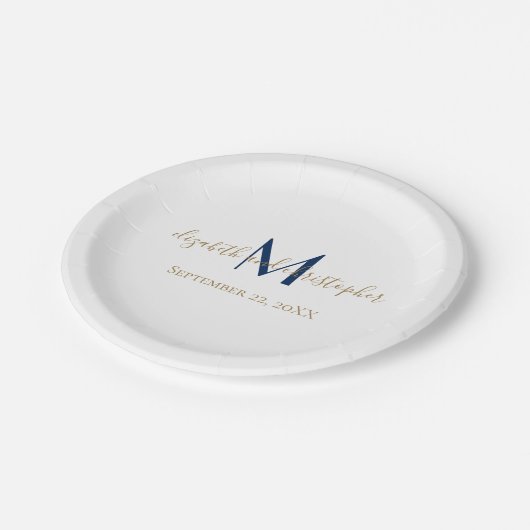 Assiettes En Carton Nom monogramme Initiales Mariage d'or bleu (Angle)