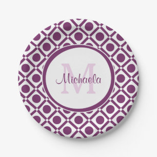 Assiettes En Carton Nom monogrammé moderne violet et blanc géométrique