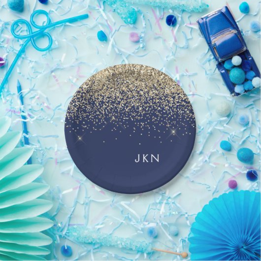 Assiettes En Carton Nom Monogramme Pailleté Fille Bleu Marine Or (Fête)