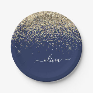 Assiettes En Carton Nom Monogramme Pailleté Fille Or Bleu Marine