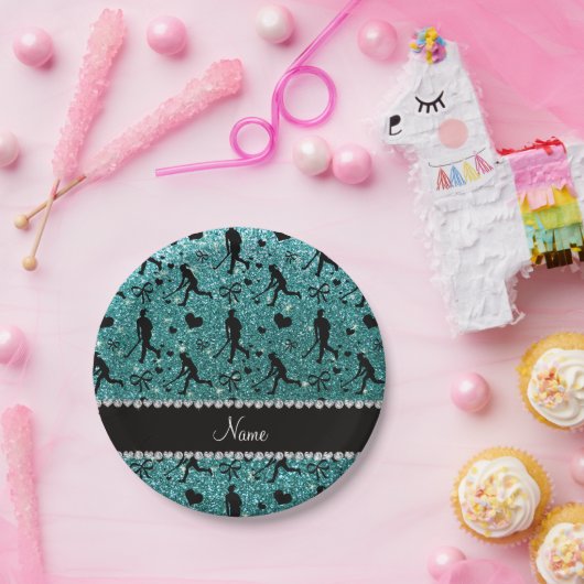 Assiettes En Carton Nom parties scintillant turquoise coeur de hockey (Fête)