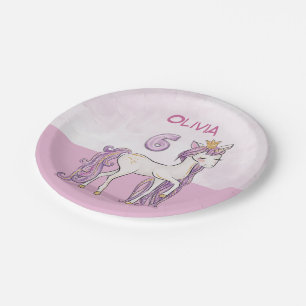 Assiettes En Carton Nom personnalisé 6e anniversaire Cheval rose avec